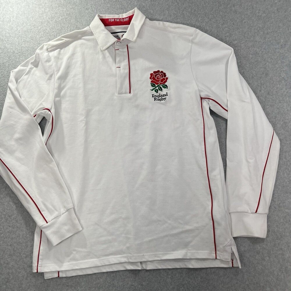 England Rugby Shirt Mens Large White Polo Rose Embroidered for the glory UK